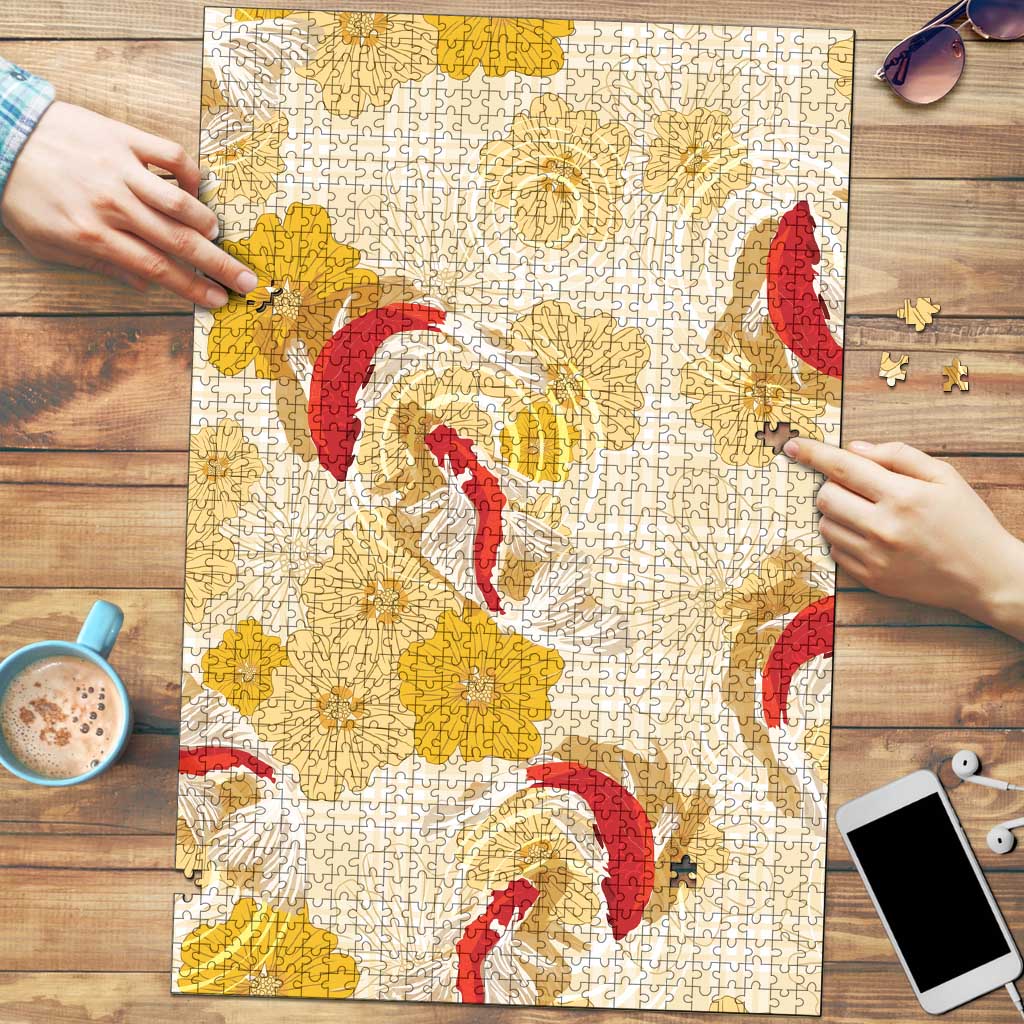 Beige Palaka Hawaii Aloha Puzzle Koi Pond Mix Ilima Flowers - Polynesian Pride