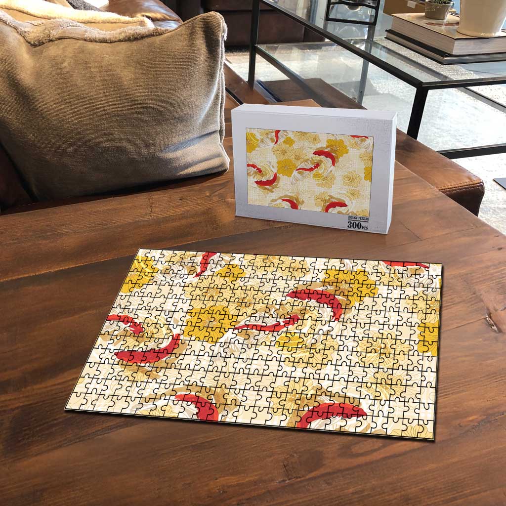 Beige Palaka Hawaii Aloha Puzzle Koi Pond Mix Ilima Flowers - Polynesian Pride