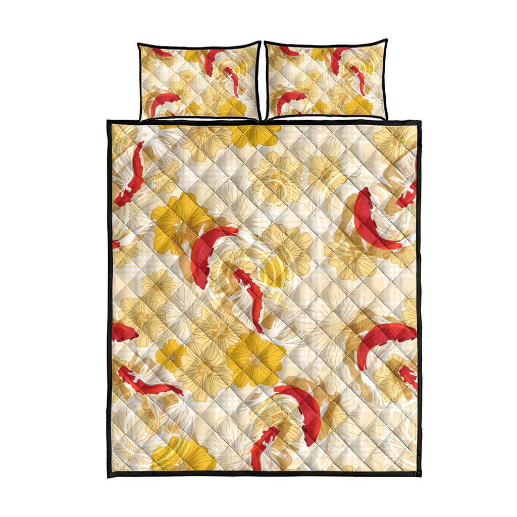 Beige Palaka Hawaii Aloha Quilt Bed Set Koi Pond Mix Ilima Flowers LT7 - Polynesian Pride