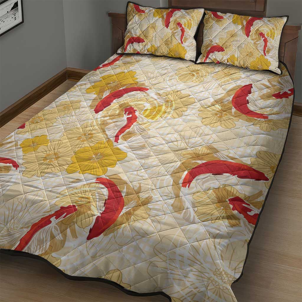 Beige Palaka Hawaii Aloha Quilt Bed Set Koi Pond Mix Ilima Flowers LT7 - Polynesian Pride