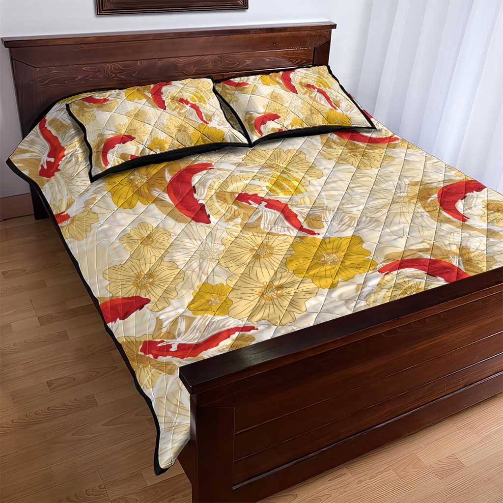 Beige Palaka Hawaii Aloha Quilt Bed Set Koi Pond Mix Ilima Flowers LT7 - Polynesian Pride