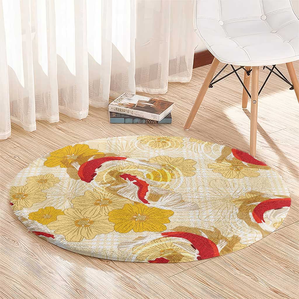 Beige Palaka Hawaii Aloha Round Carpet Koi Pond Mix Ilima Flowers - Polynesian Pride