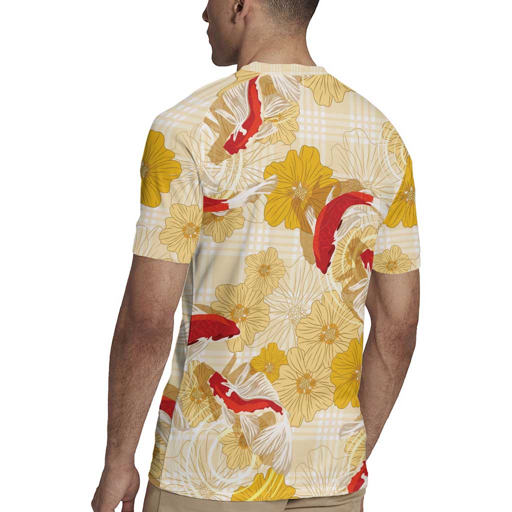 Beige Palaka Hawaii Aloha Rugby Jersey Koi Pond Mix Ilima Flowers - Polynesian Pride