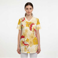 Beige Palaka Hawaii Aloha Scrub Top Koi Pond Mix Ilima Flowers - Polynesian Pride