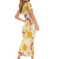 Beige Palaka Hawaii Aloha Short Sleeve Bodycon Dress Koi Pond Mix Ilima Flowers - Polynesian Pride