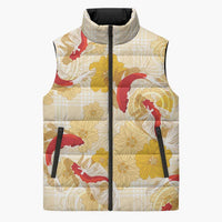 Beige Palaka Hawaii Aloha Sleeveless Puffer Jacket Koi Pond Mix Ilima Flowers - Polynesian Pride