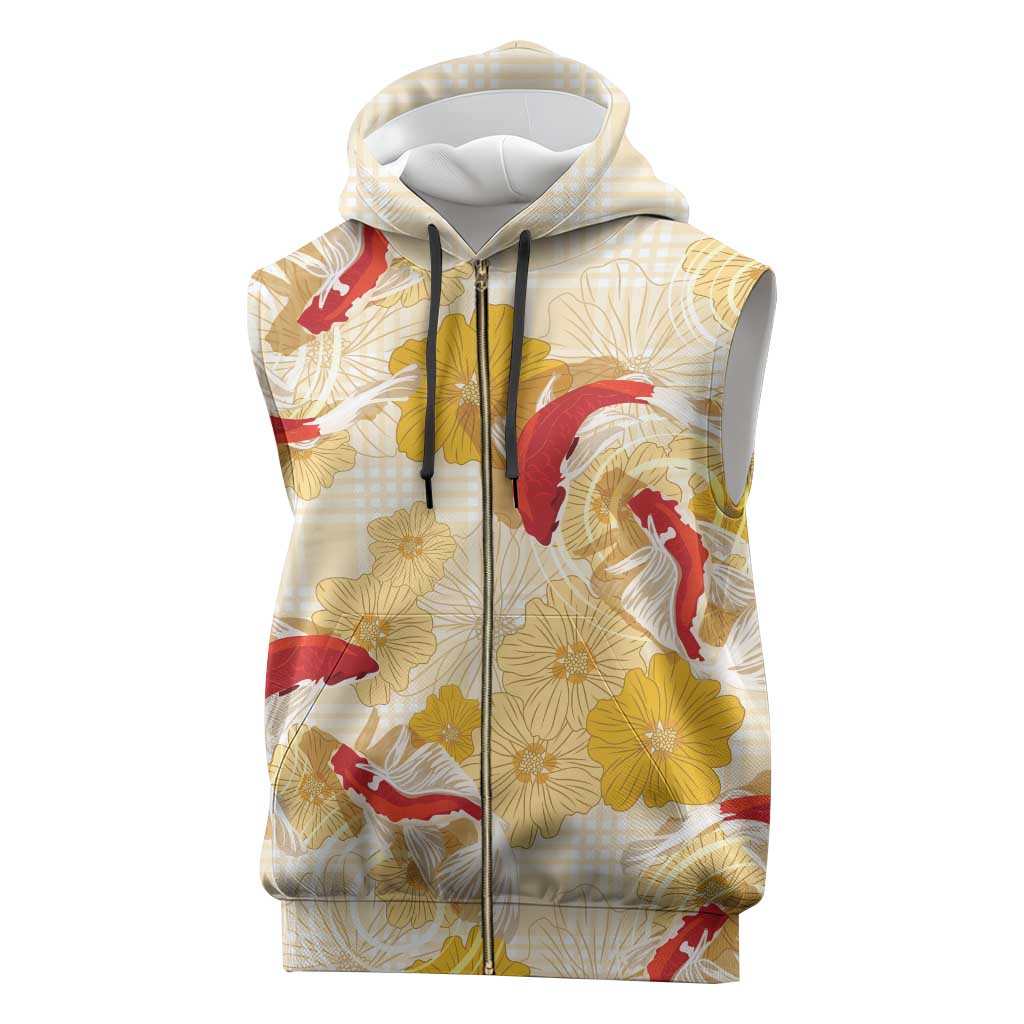 Beige Palaka Hawaii Aloha Sleeveless Zip Hoodie Koi Pond Mix Ilima Flowers - Polynesian Pride