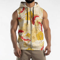Beige Palaka Hawaii Aloha Sleeveless Zip Hoodie Koi Pond Mix Ilima Flowers - Polynesian Pride