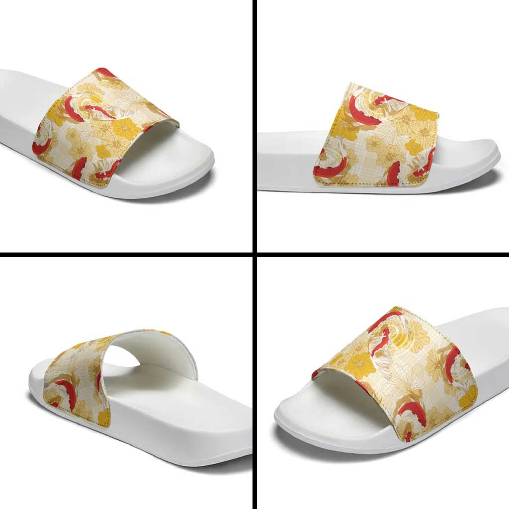 Beige Palaka Hawaii Aloha Slide Sandals Koi Pond Mix Ilima Flowers - Polynesian Pride