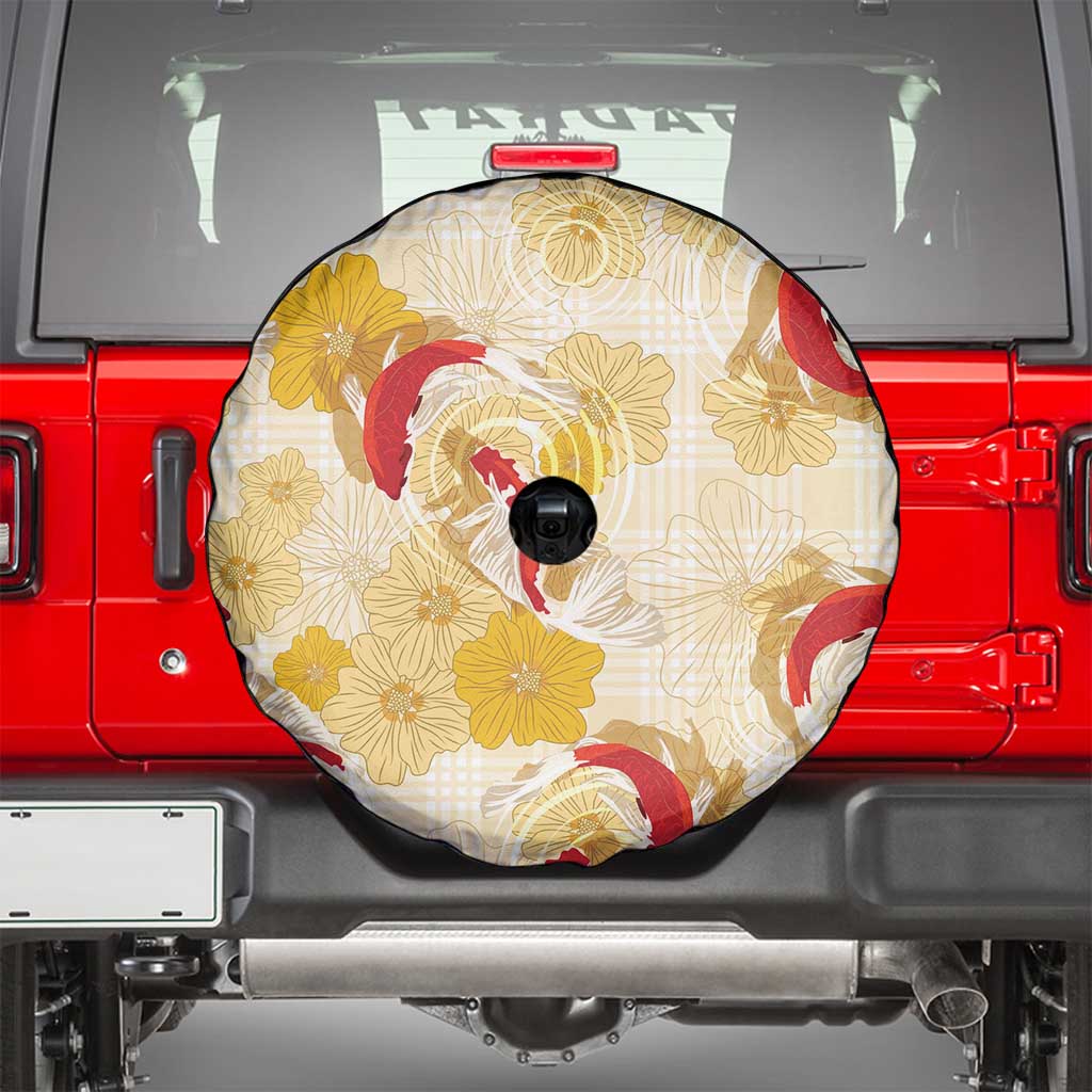 Beige Palaka Hawaii Aloha Spare Tire Cover Koi Pond Mix Ilima Flowers - Polynesian Pride