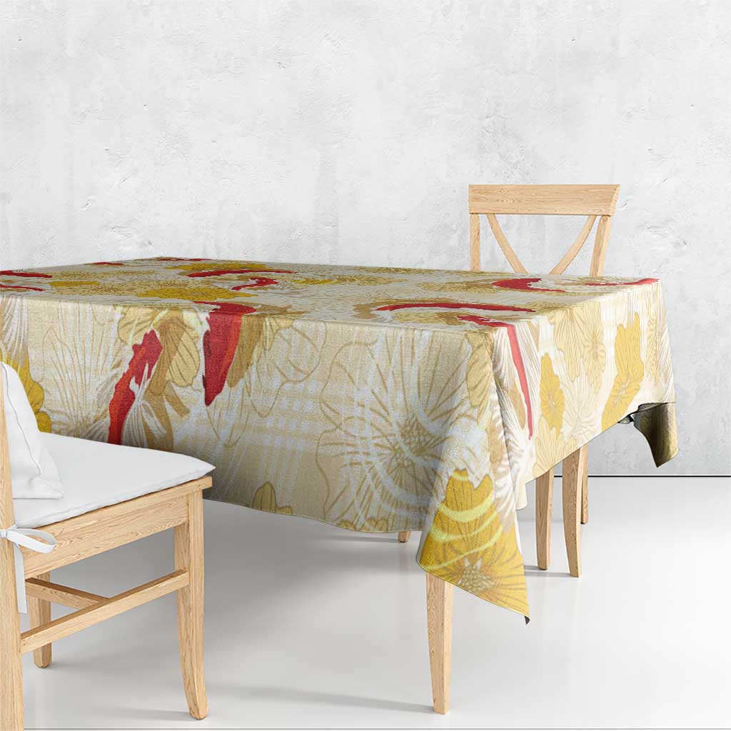 Beige Palaka Hawaii Aloha Tablecloth Koi Pond Mix Ilima Flowers - Polynesian Pride