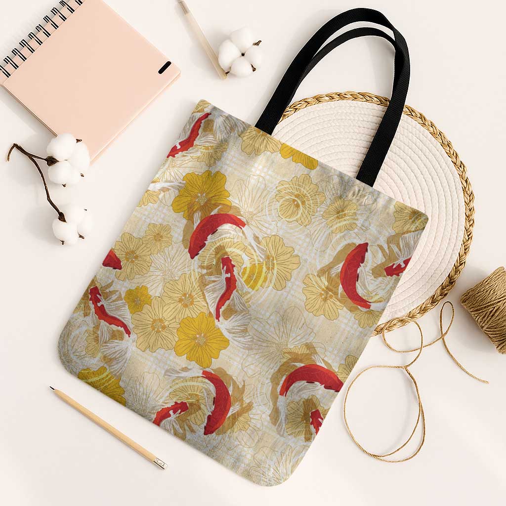 Beige Palaka Hawaii Aloha Tote Bag Koi Pond Mix Ilima Flowers - Polynesian Pride