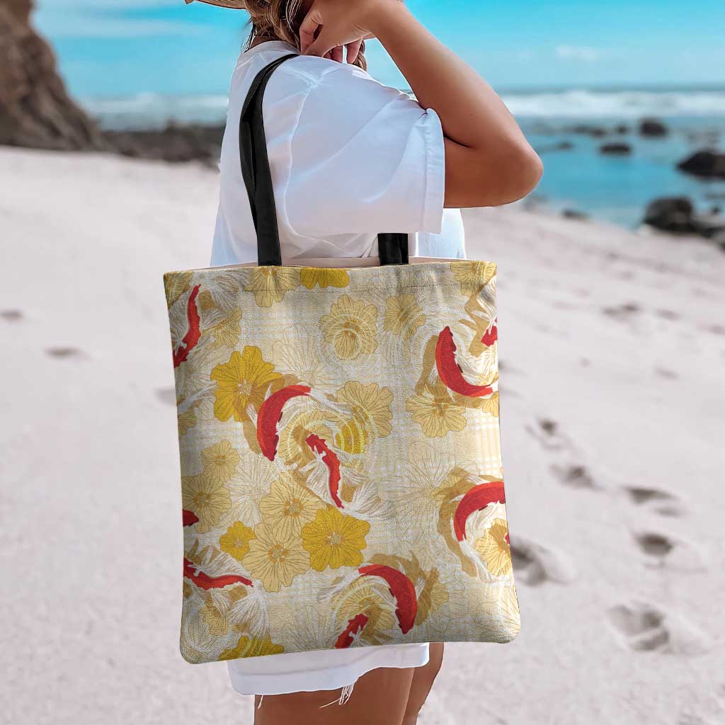 Beige Palaka Hawaii Aloha Tote Bag Koi Pond Mix Ilima Flowers - Polynesian Pride