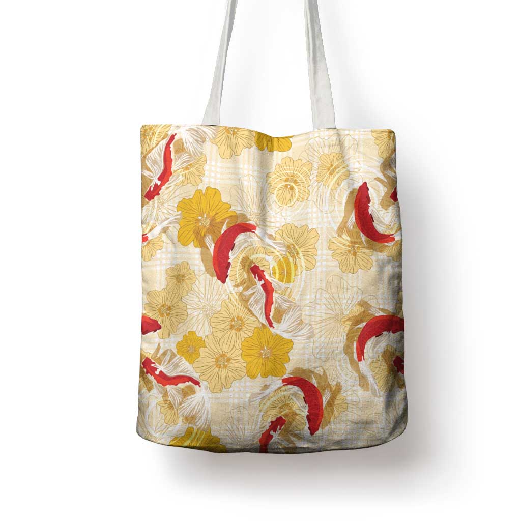 Beige Palaka Hawaii Aloha Tote Bag Koi Pond Mix Ilima Flowers - Polynesian Pride