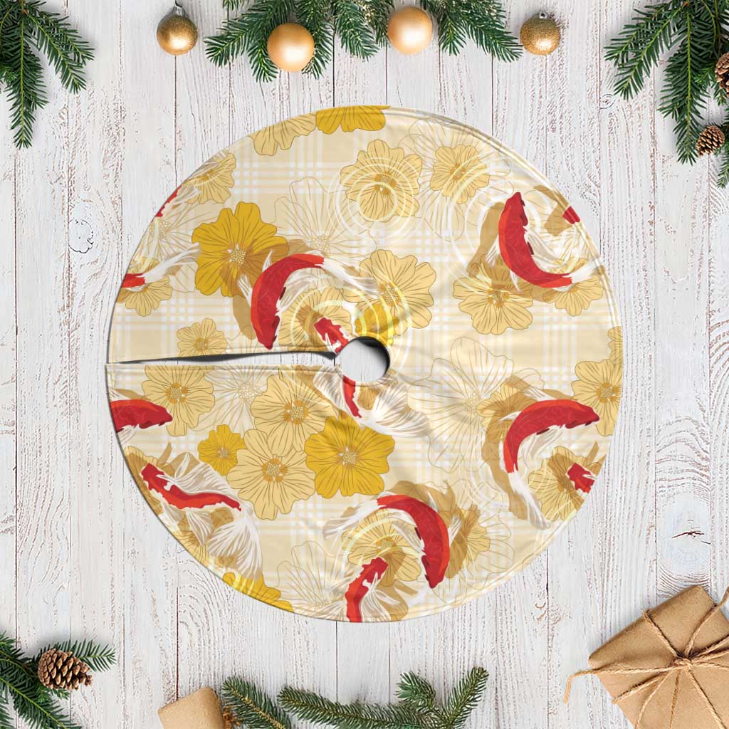 Beige Palaka Hawaii Aloha Tree Skirt Koi Pond Mix Ilima Flowers - Polynesian Pride