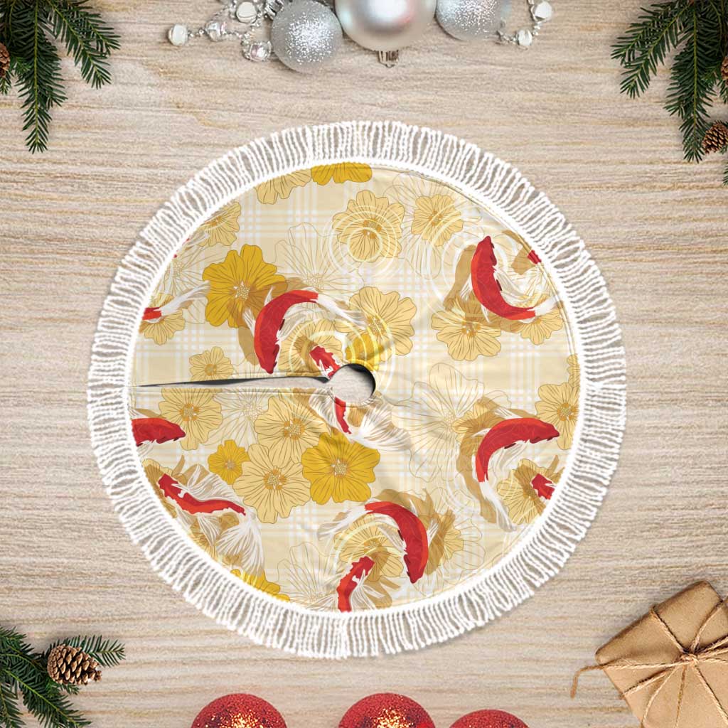 Beige Palaka Hawaii Aloha Tree Skirt Koi Pond Mix Ilima Flowers - Polynesian Pride