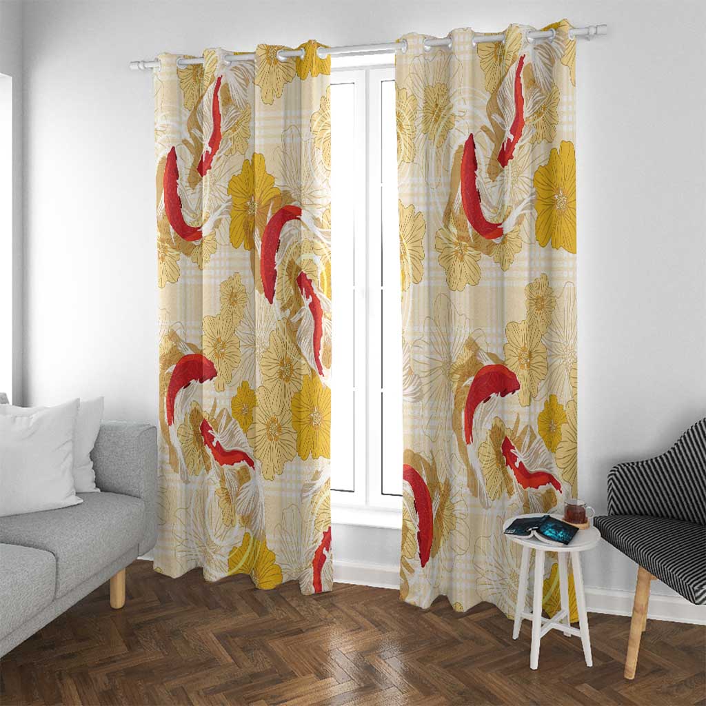 Beige Palaka Hawaii Aloha Window Curtain Koi Pond Mix Ilima Flowers - Polynesian Pride