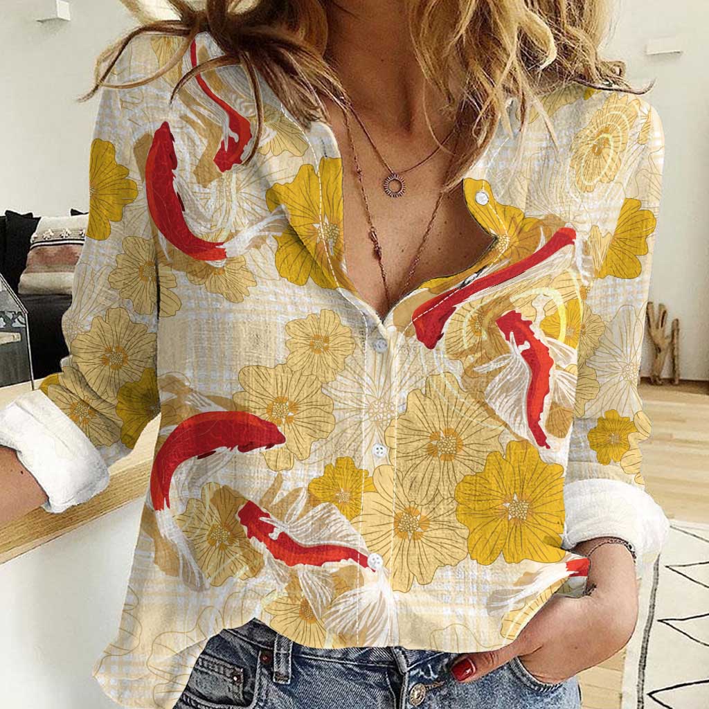 Beige Palaka Hawaii Aloha Women Casual Shirt Koi Pond Mix Ilima Flowers - Polynesian Pride