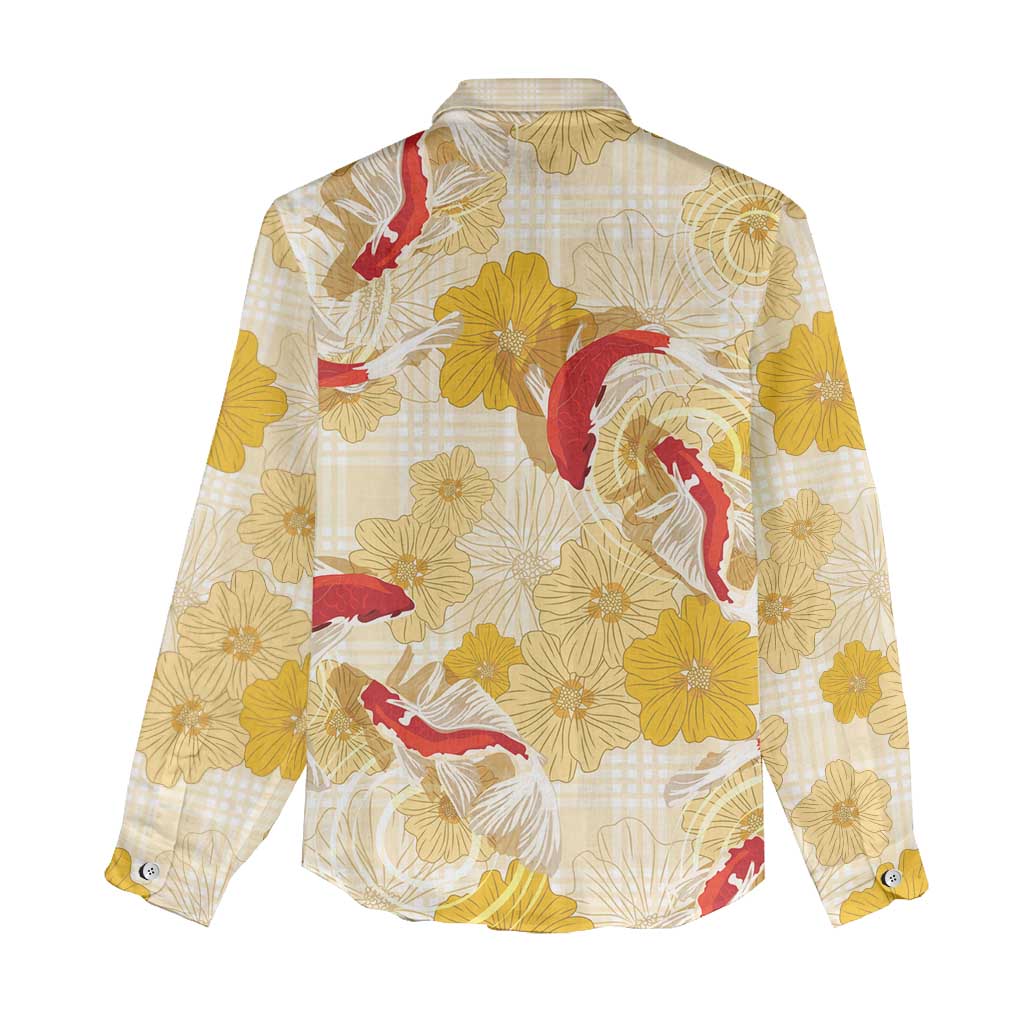 Beige Palaka Hawaii Aloha Women Casual Shirt Koi Pond Mix Ilima Flowers - Polynesian Pride