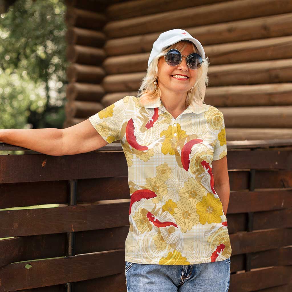 Beige Palaka Hawaii Aloha Women Polo Shirt Koi Pond Mix Ilima Flowers - Polynesian Pride
