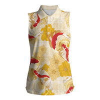 Beige Palaka Hawaii Aloha Women Sleeveless Polo Shirt Koi Pond Mix Ilima Flowers - Polynesian Pride