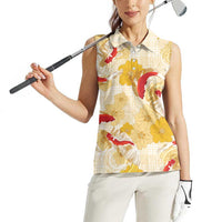 Beige Palaka Hawaii Aloha Women Sleeveless Polo Shirt Koi Pond Mix Ilima Flowers - Polynesian Pride