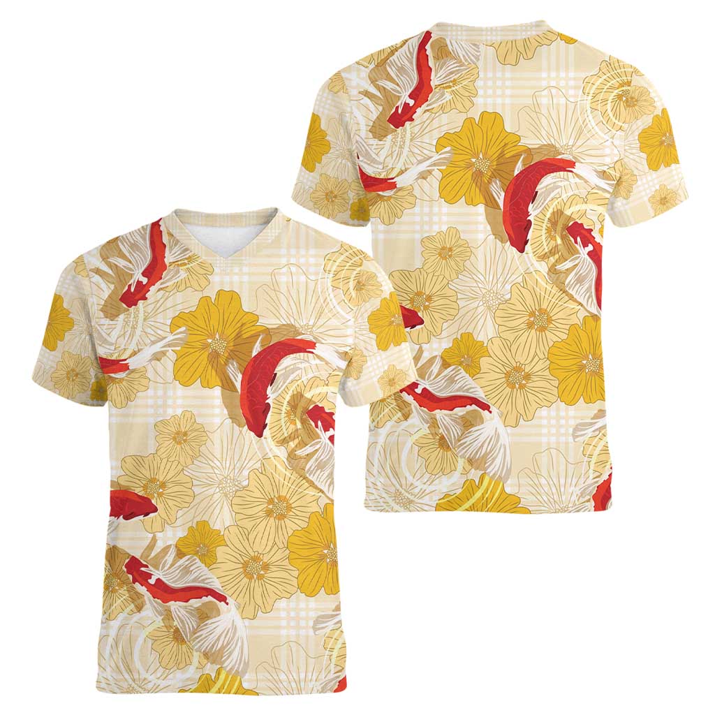 Beige Palaka Hawaii Aloha Women V-Neck T-Shirt Koi Pond Mix Ilima Flowers - Polynesian Pride