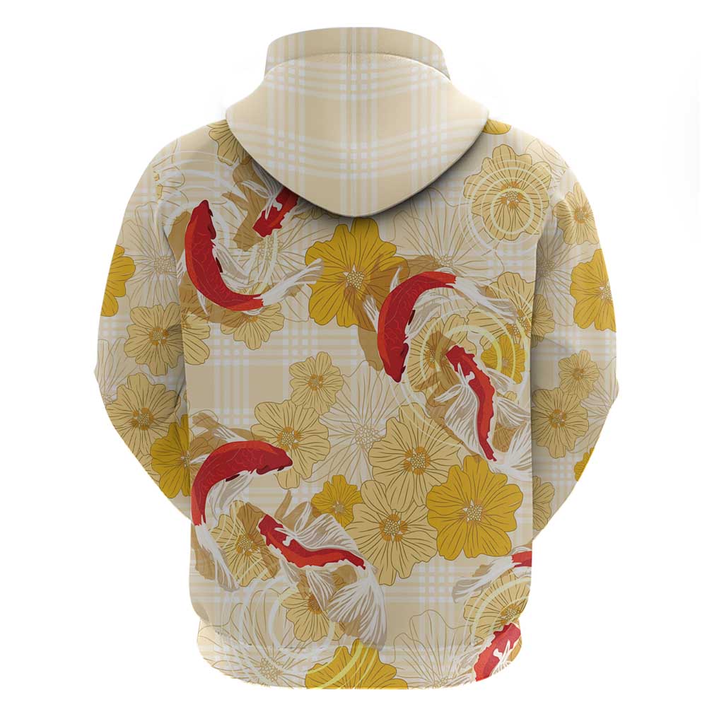 Beige Palaka Hawaii Aloha Zip Hoodie Koi Pond Mix Ilima Flowers - Polynesian Pride