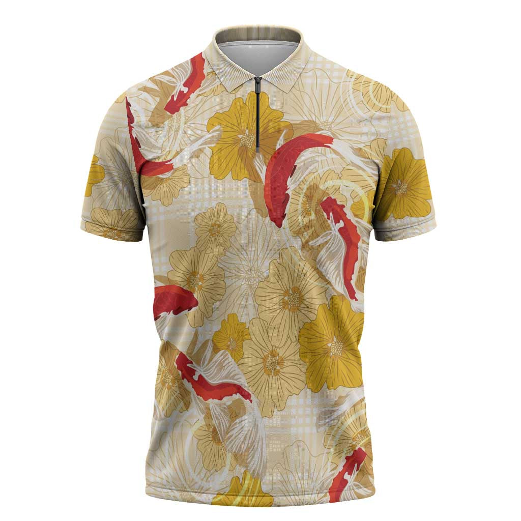 Beige Palaka Hawaii Aloha Zipper Polo Shirt Koi Pond Mix Ilima Flowers - Polynesian Pride