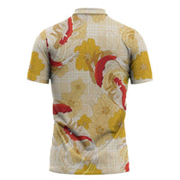 Beige Palaka Hawaii Aloha Zipper Polo Shirt Koi Pond Mix Ilima Flowers - Polynesian Pride