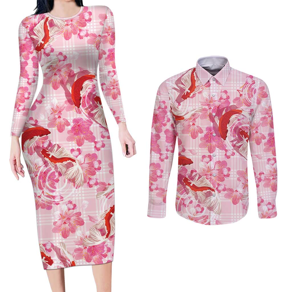 Pink Palaka Hawaii Aloha Couples Matching Long Sleeve Bodycon Dress and Long Sleeve Button Shirt Koi Pond Mix Sakura - Polynesian Pride