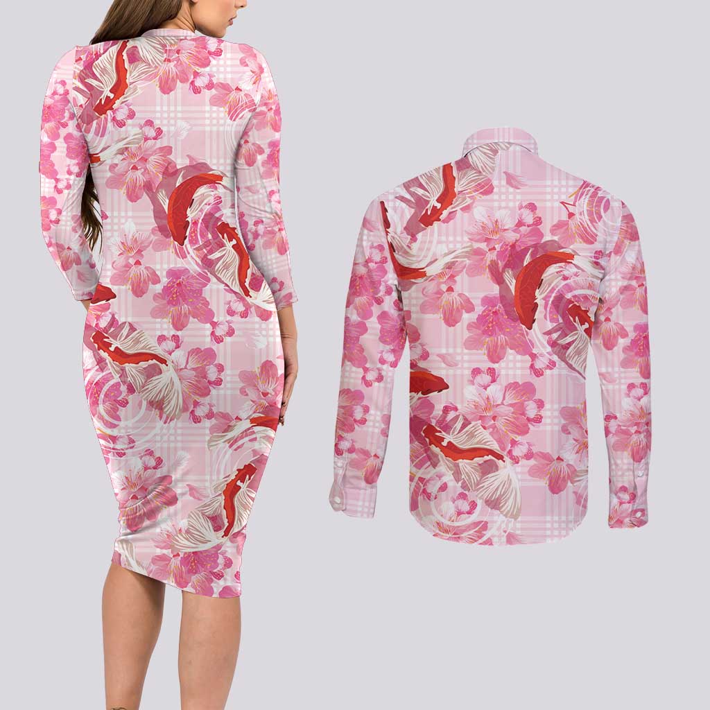 Pink Palaka Hawaii Aloha Couples Matching Long Sleeve Bodycon Dress and Long Sleeve Button Shirt Koi Pond Mix Sakura - Polynesian Pride