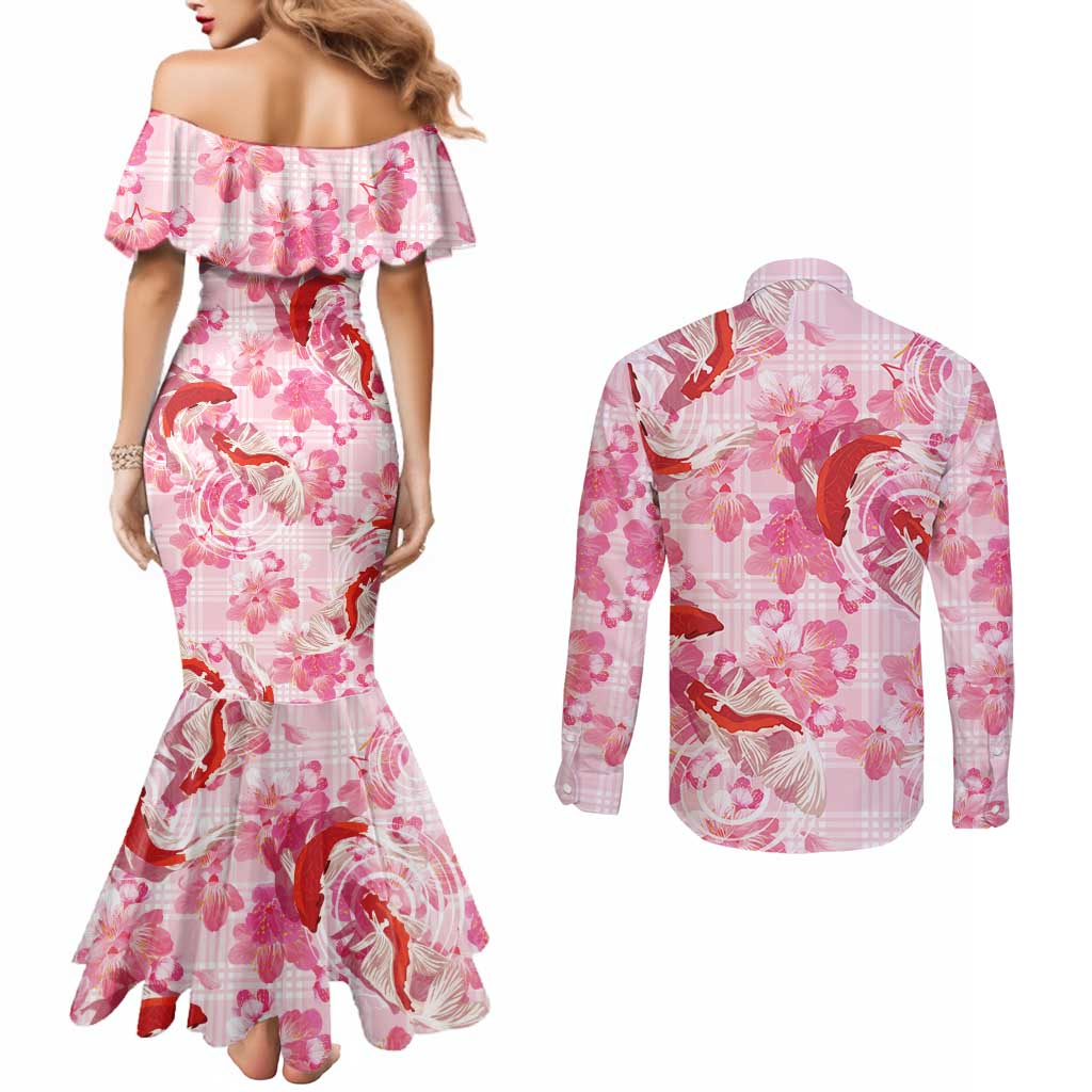 Pink Palaka Hawaii Aloha Couples Matching Mermaid Dress and Long Sleeve Button Shirt Koi Pond Mix Sakura - Polynesian Pride