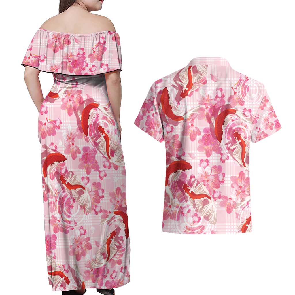 Pink Palaka Hawaii Aloha Couples Matching Off Shoulder Maxi Dress and Hawaiian Shirt Koi Pond Mix Sakura - Polynesian Pride