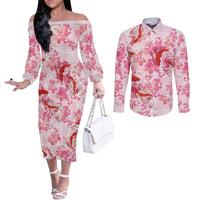Pink Palaka Hawaii Aloha Couples Matching Off The Shoulder Long Sleeve Dress and Long Sleeve Button Shirt Koi Pond Mix Sakura - Polynesian Pride