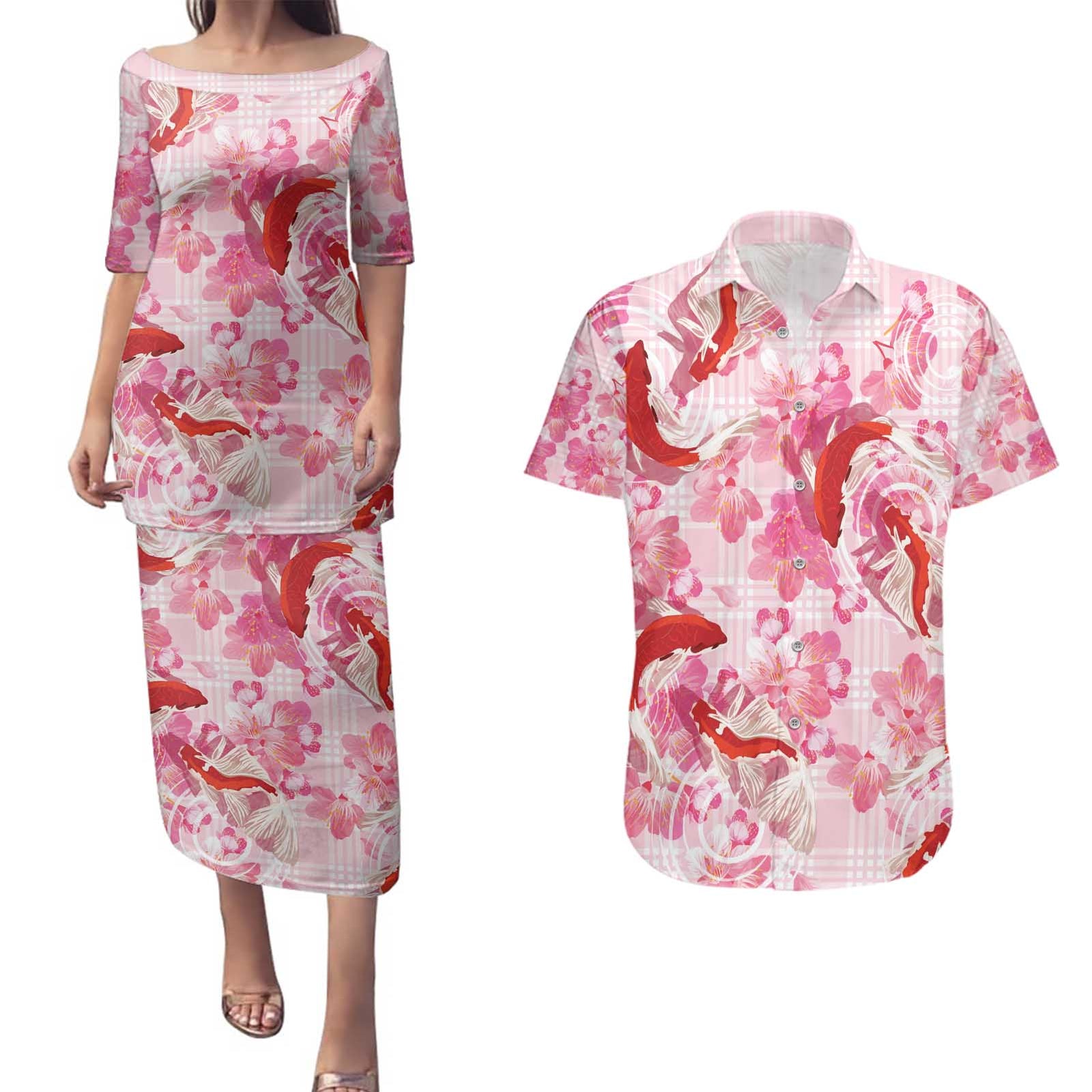 Pink Palaka Hawaii Aloha Couples Matching Puletasi and Hawaiian Shirt Koi Pond Mix Sakura - Polynesian Pride