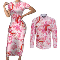 Pink Palaka Hawaii Aloha Couples Matching Short Sleeve Bodycon Dress and Long Sleeve Button Shirt Koi Pond Mix Sakura - Polynesian Pride