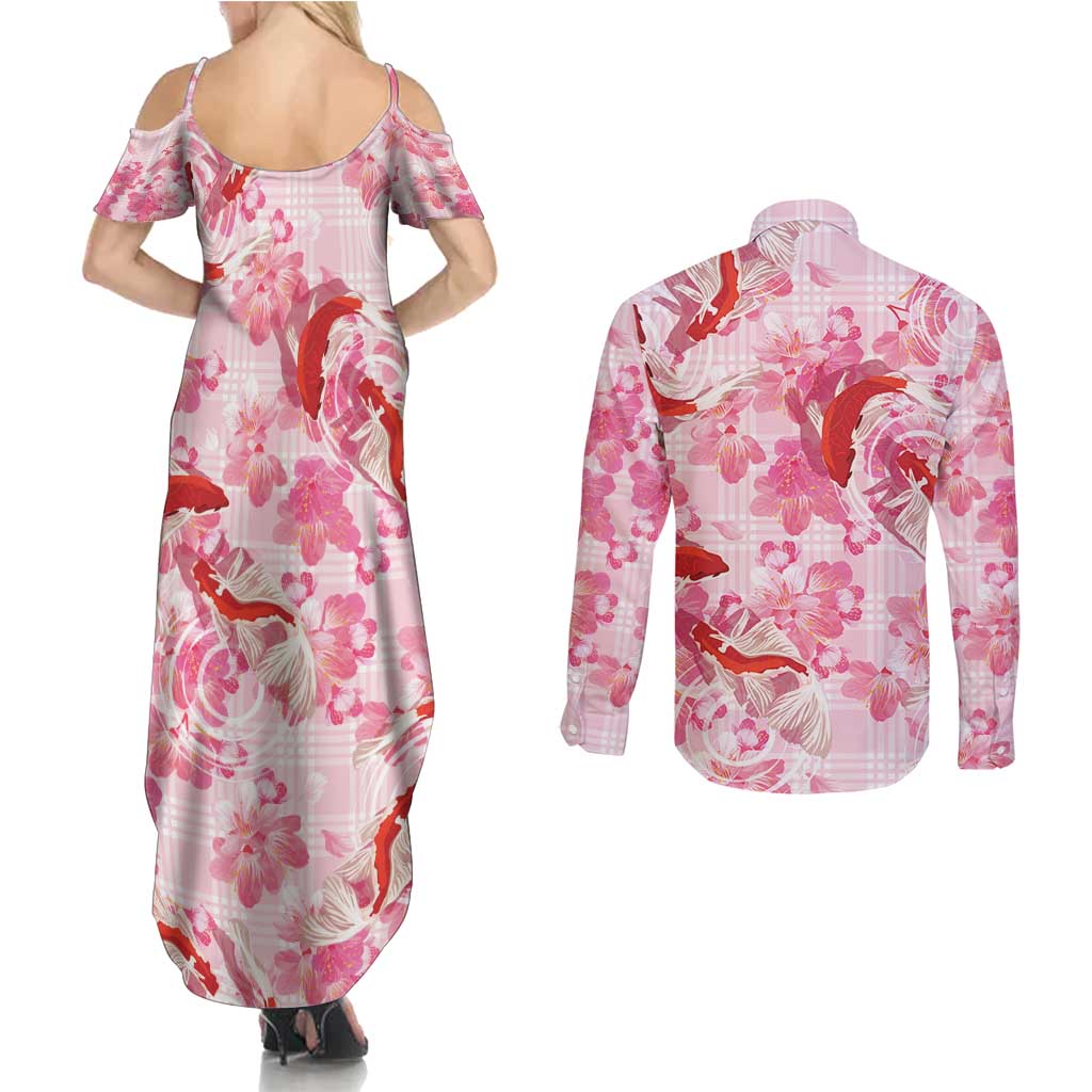 Pink Palaka Hawaii Aloha Couples Matching Summer Maxi Dress and Long Sleeve Button Shirt Koi Pond Mix Sakura - Polynesian Pride