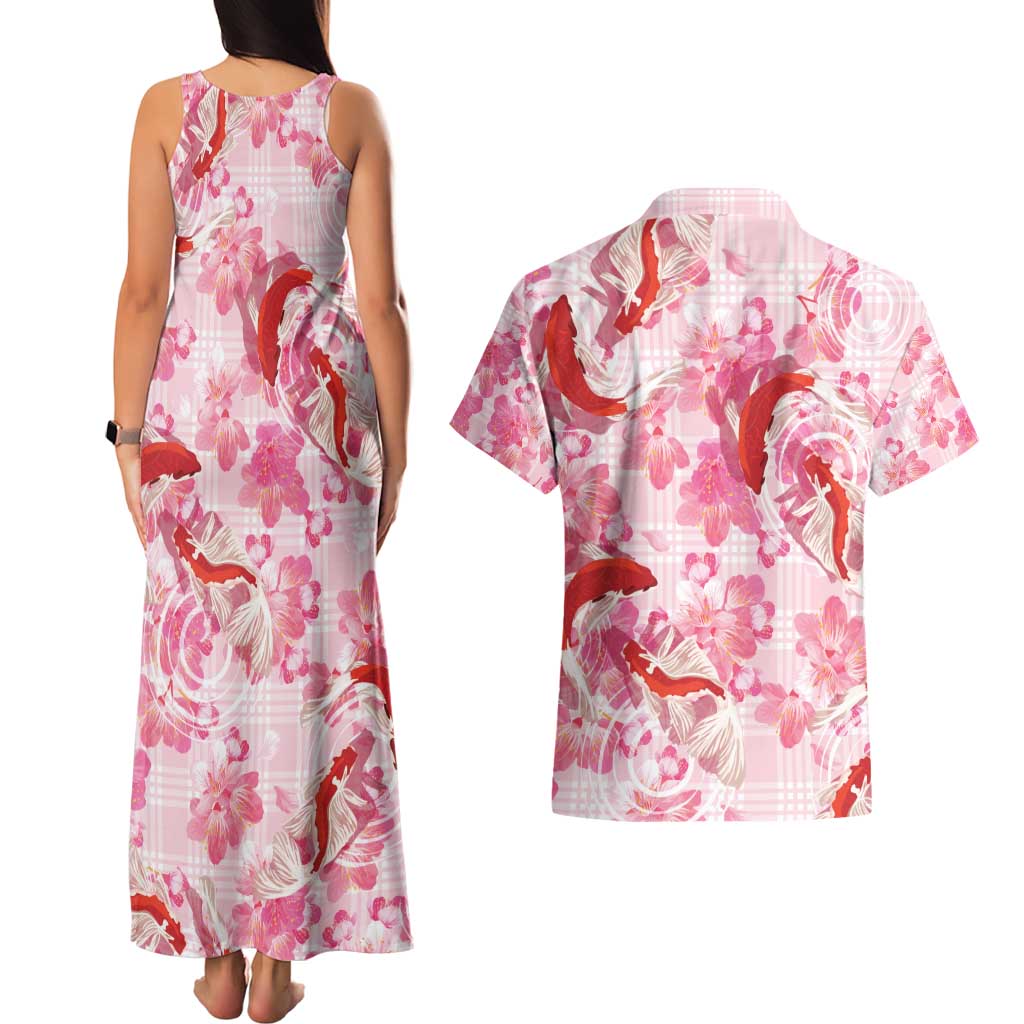 Pink Palaka Hawaii Aloha Couples Matching Tank Maxi Dress and Hawaiian Shirt Koi Pond Mix Sakura - Polynesian Pride