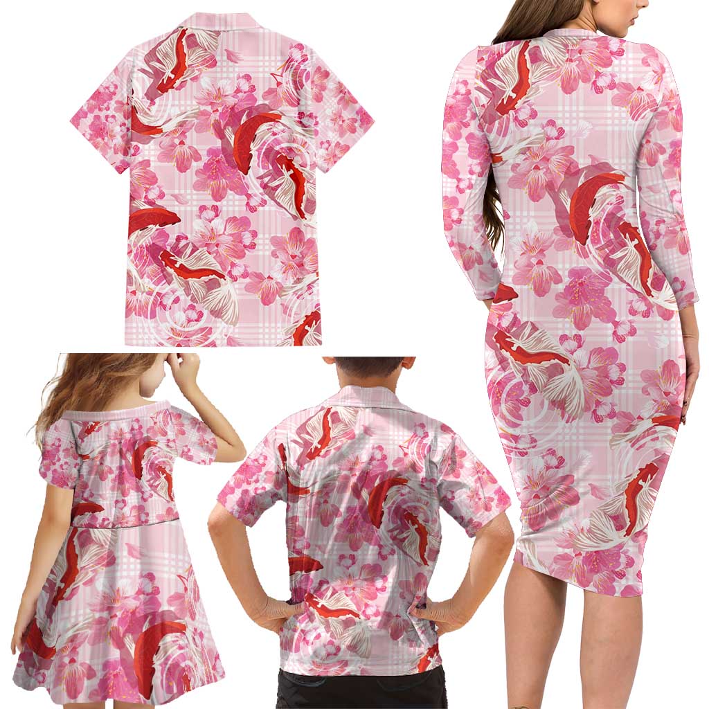 Pink Palaka Hawaii Aloha Family Matching Long Sleeve Bodycon Dress and Hawaiian Shirt Koi Pond Mix Sakura - Polynesian Pride