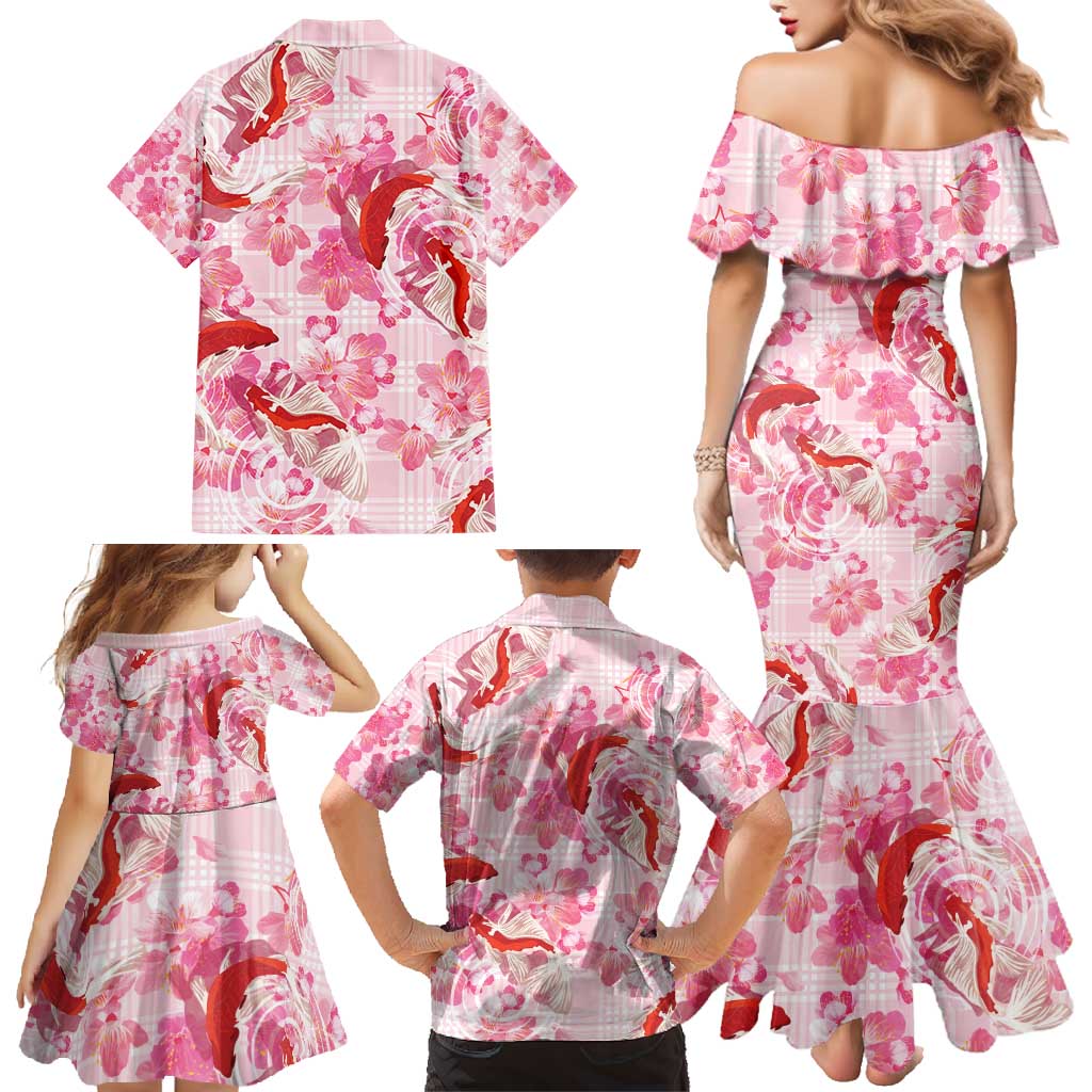 Pink Palaka Hawaii Aloha Family Matching Mermaid Dress and Hawaiian Shirt Koi Pond Mix Sakura - Polynesian Pride