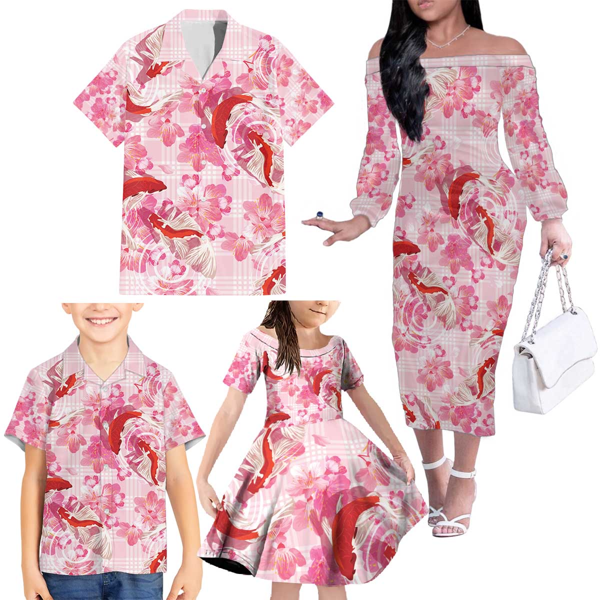Pink Palaka Hawaii Aloha Family Matching Off The Shoulder Long Sleeve Dress and Hawaiian Shirt Koi Pond Mix Sakura - Polynesian Pride