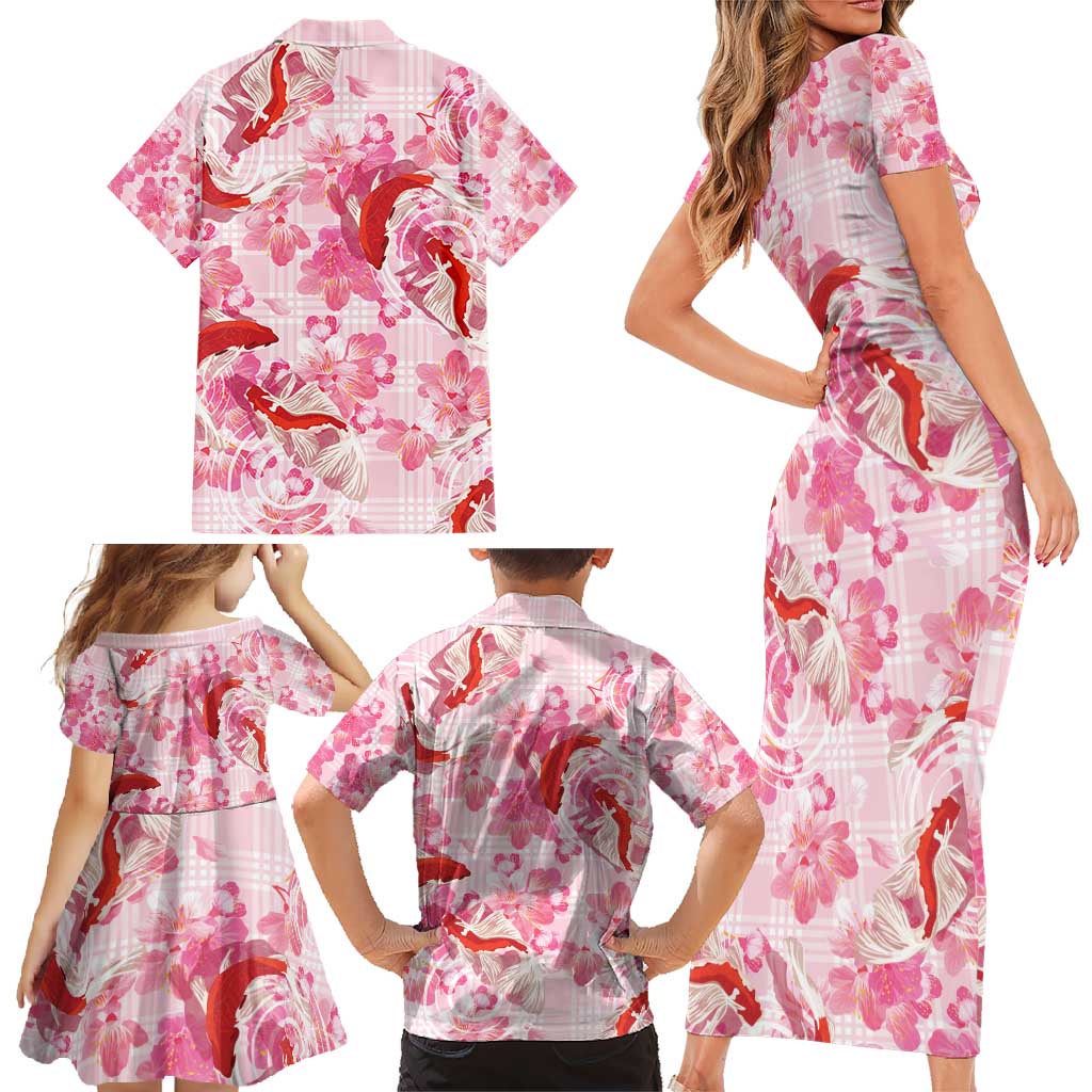 Pink Palaka Hawaii Aloha Family Matching Short Sleeve Bodycon Dress and Hawaiian Shirt Koi Pond Mix Sakura - Polynesian Pride