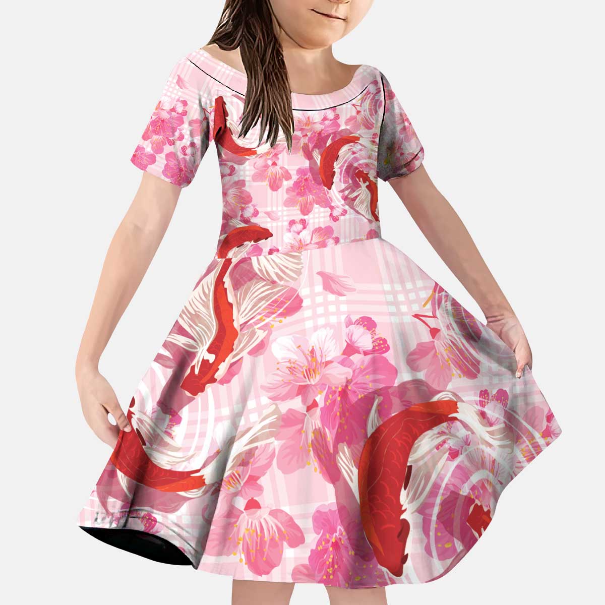 Pink Palaka Hawaii Aloha Kid Short Sleeve Dress Koi Pond Mix Sakura - Polynesian Pride