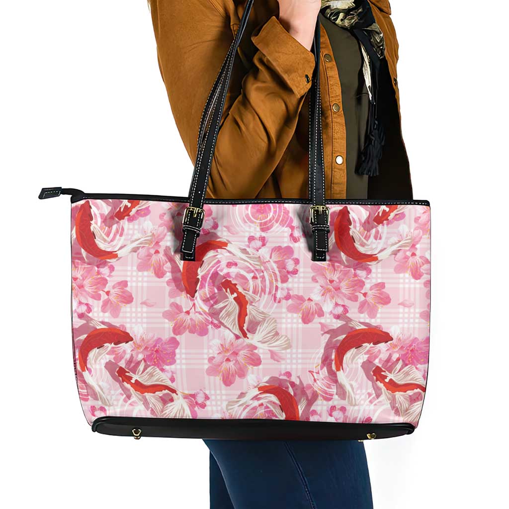 Pink Palaka Hawaii Aloha Leather Tote Bag Koi Pond Mix Sakura - Polynesian Pride
