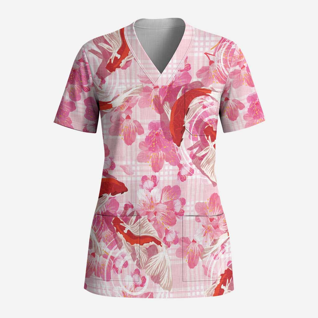 Pink Palaka Hawaii Aloha Scrub Top Koi Pond Mix Sakura - Polynesian Pride