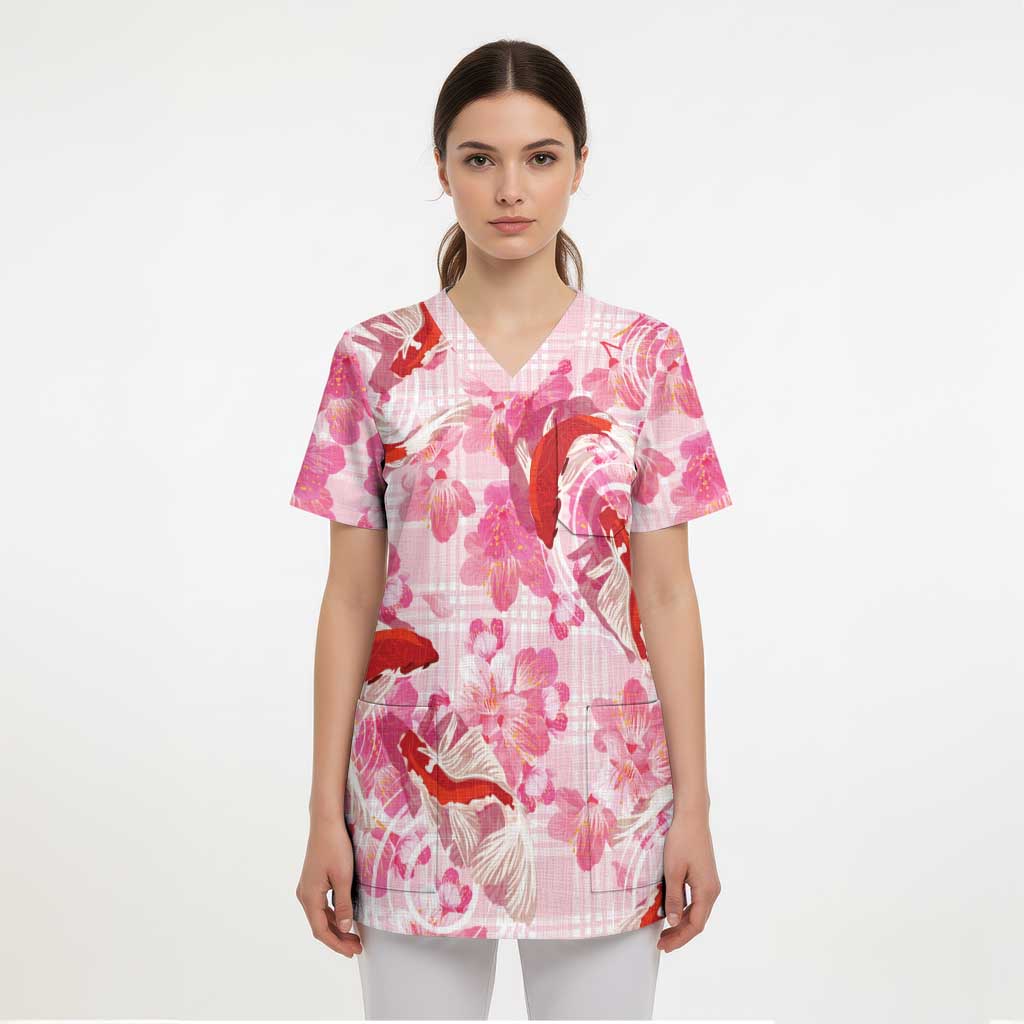 Pink Palaka Hawaii Aloha Scrub Top Koi Pond Mix Sakura - Polynesian Pride