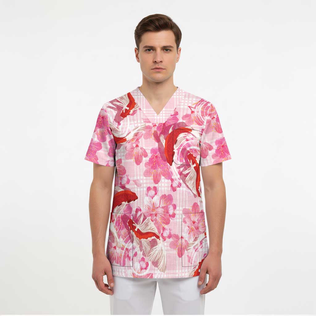 Pink Palaka Hawaii Aloha Scrub Top Koi Pond Mix Sakura - Polynesian Pride