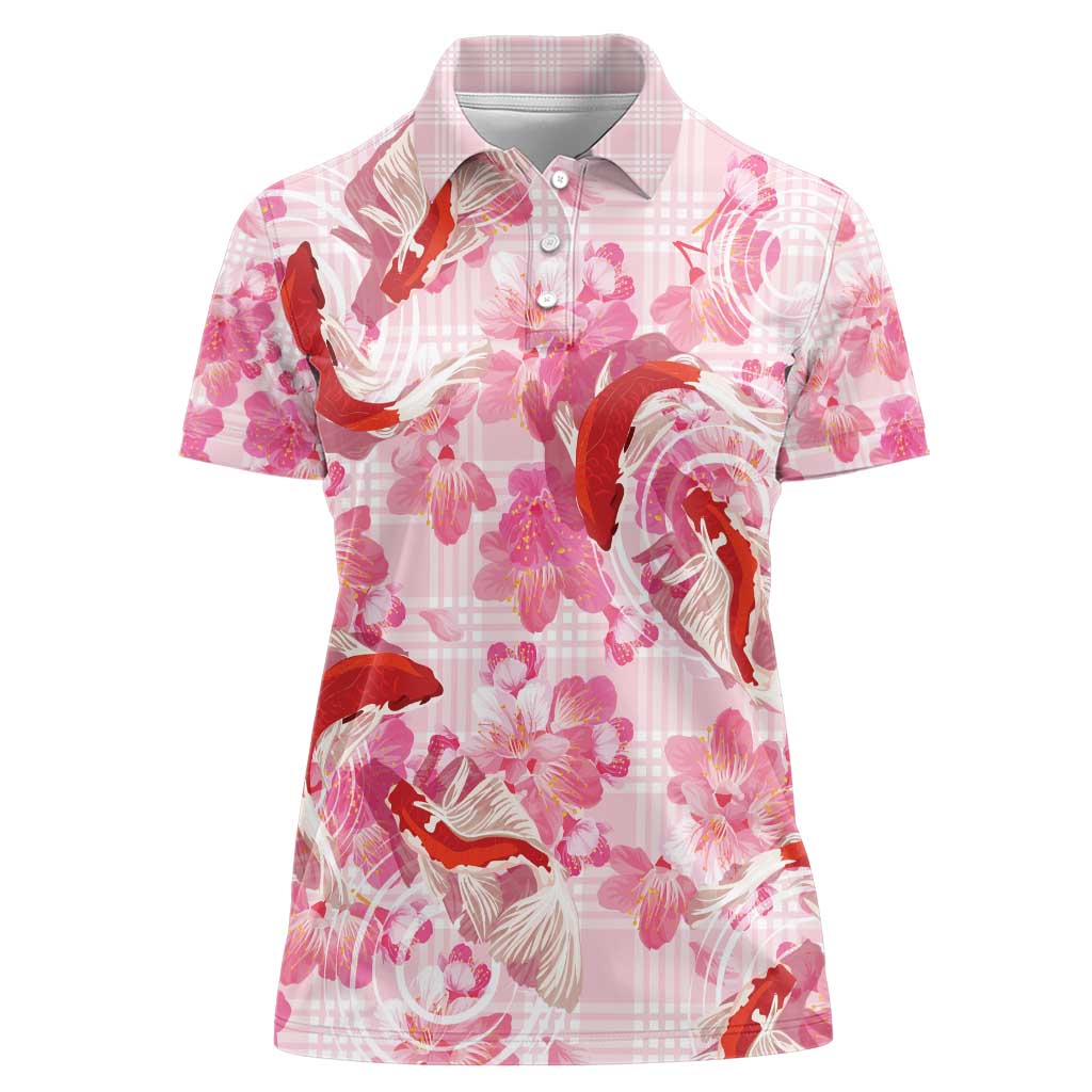 Pink Palaka Hawaii Aloha Women Polo Shirt Koi Pond Mix Sakura - Polynesian Pride