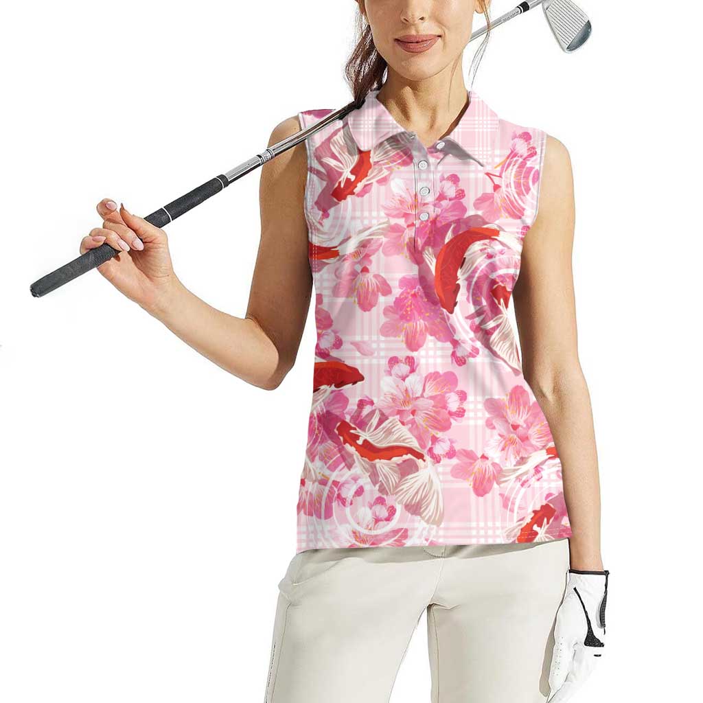 Pink Palaka Hawaii Aloha Women Sleeveless Polo Shirt Koi Pond Mix Sakura - Polynesian Pride